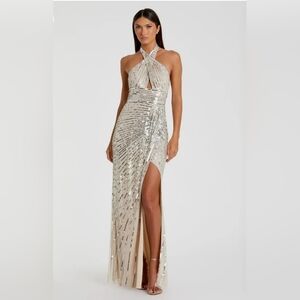 NWT! MAC DUGGAL, Sequin Halter Keyhole Column Gown,Nude/Silver,Size 2, MSRP $498